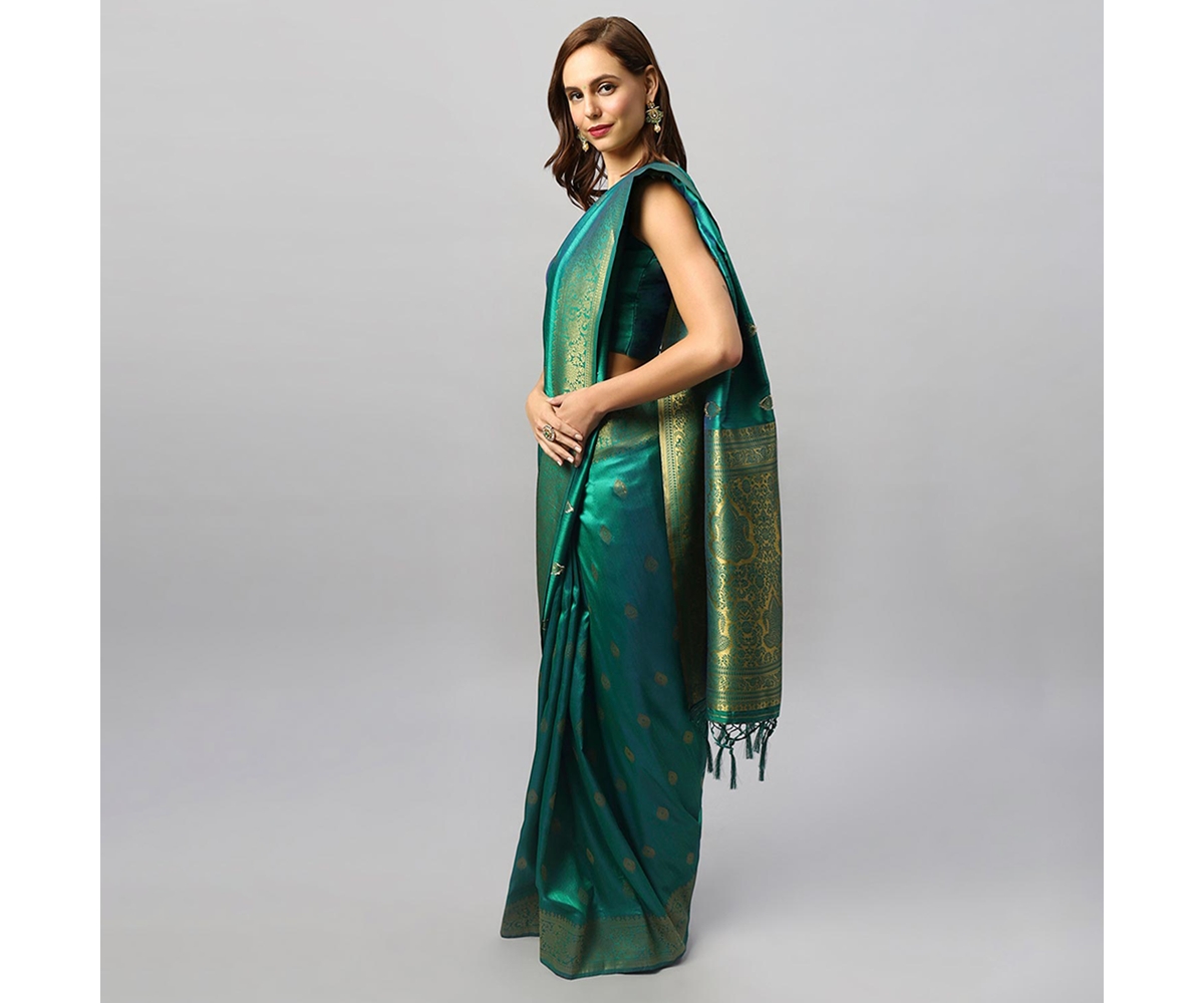 One Minute Saree Petite YaraMoss Weave Art Silk Ready to Wear Sari - Green