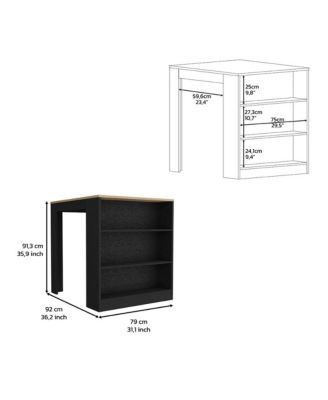 Milos Kitchen Island Table, Two Legs, Three Side Shelves, White / Pine