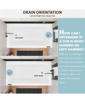 60 Inch Acrylic Rectangular Alcove Soaking Bathtub, Rectangle 60-Inch x 32-Inch Alcove Bath with Integral Apron, Integral Flange and Left Hand Drain, White,Chrome Pop-Up Drain