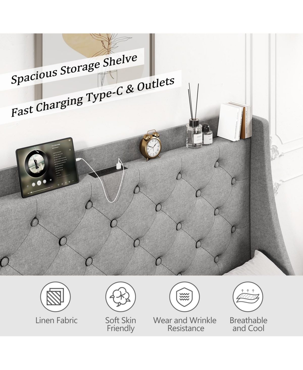 gaomon Upholstered Platform Bed With Storage Headboard, Charging Station, And 4 Drawers - Wood Slat Support, Easy Assembly - No Box Spring Needed - Gr