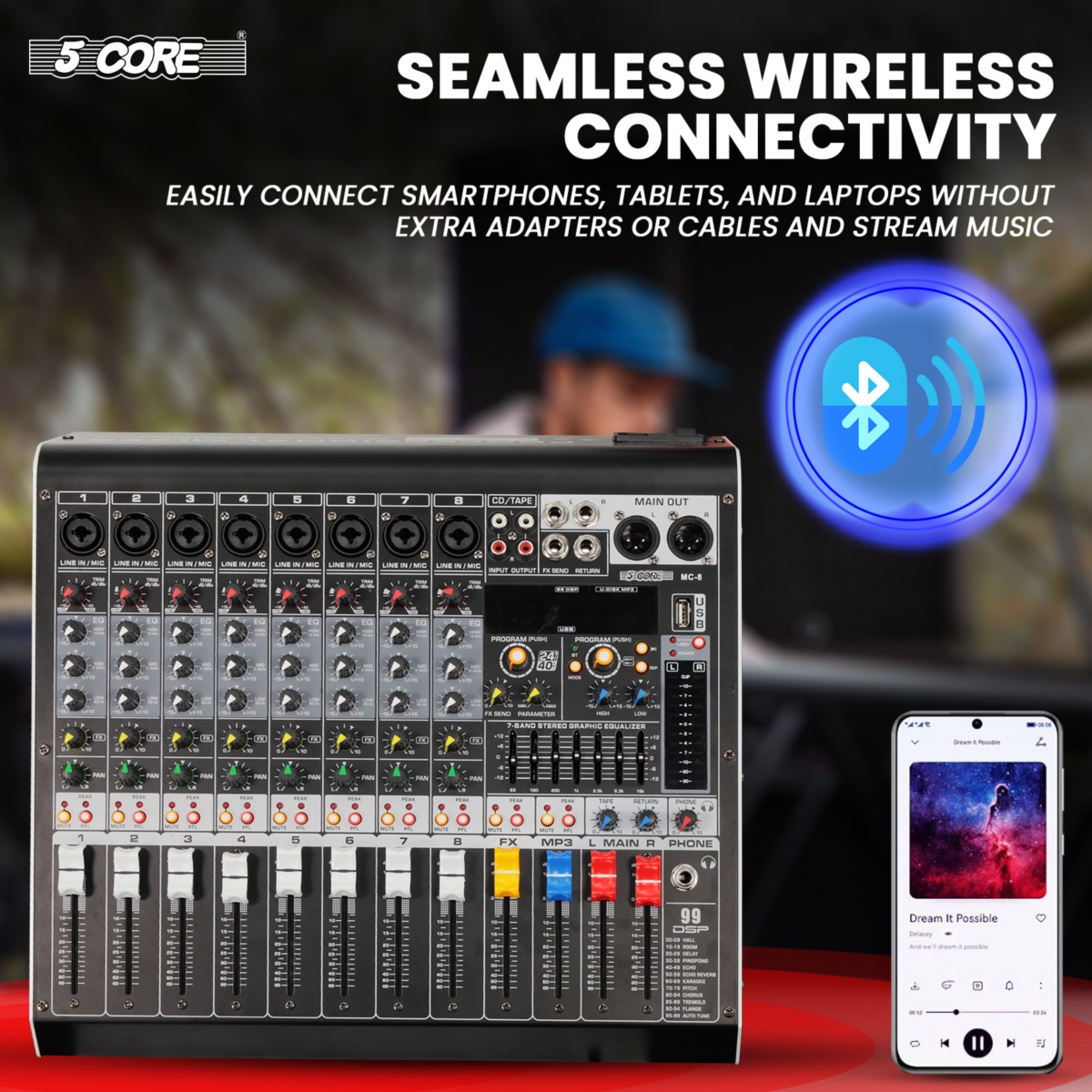 5 Core Audio Mixer 8 Channel Dj Controller Professional Sound Board Bluetooth Usb 48V Mx 8CH L