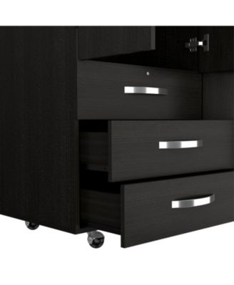 Hamilton Mobile Armoire, Double Door Cabinet, Three Drawers, Rods, Two Shelves, Black