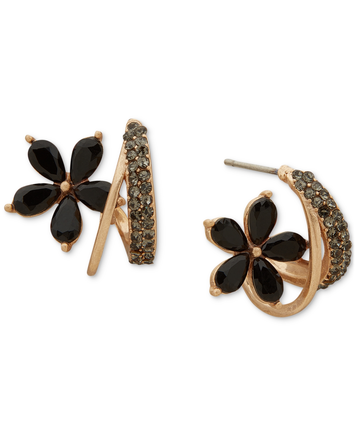 Gold-Tone Black Stone Flower Small Hoop Earrings, 0.58" - Black