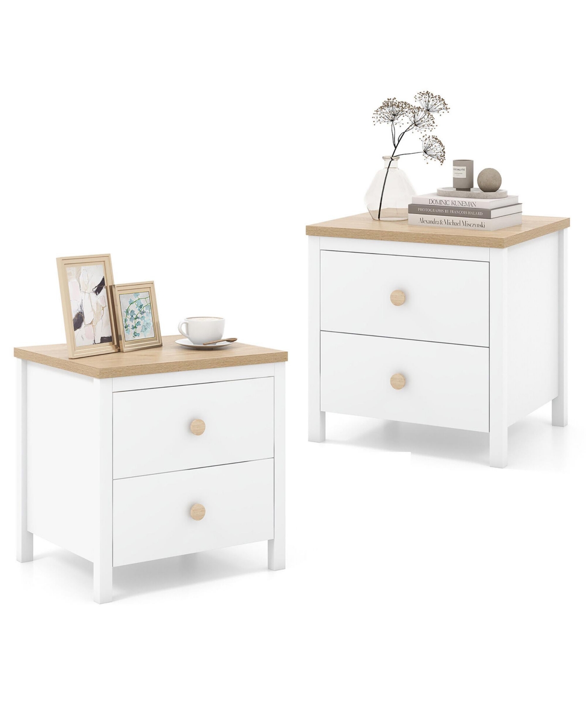 Gymax 2 Pcs Nightstand Farmhouse Side End Table w/ Solid Wood Legs & 2 Drawers