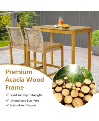 Set of 2 Rattan Patio Wood Barstools Dining Chairs with Backrest