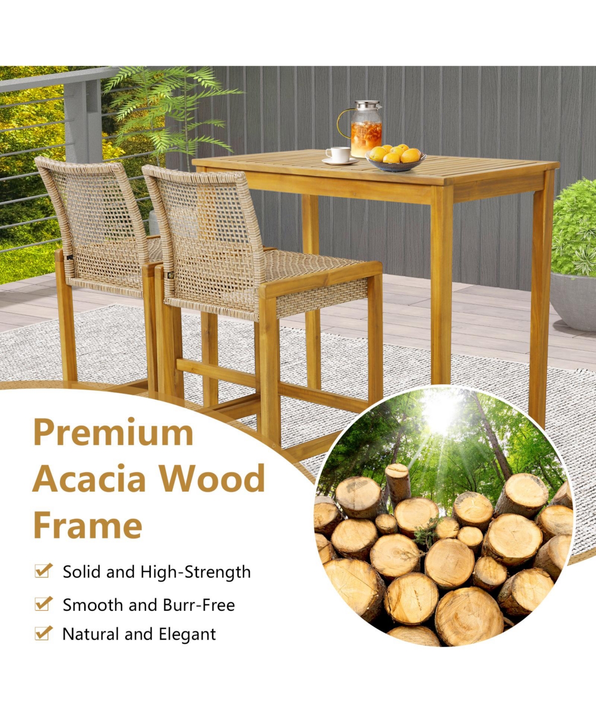 Sugift Set of 2 Rattan Patio Wood Barstools Dining Chairs with Backrest