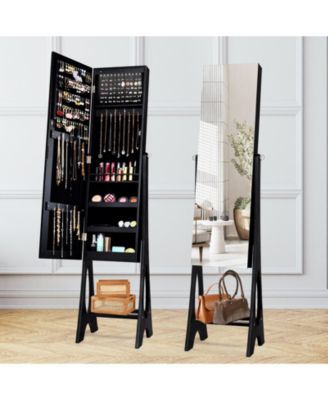 Freestanding Jewelry Cabinet Armoire Organizer with Bevel Edge Mirror