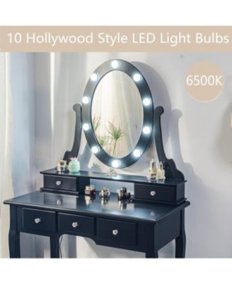Vanity Desk With Mirror And Lights, Wood Makeup Dressing Table With Oval Mirror & Stool,3 Colors Lighting Modes