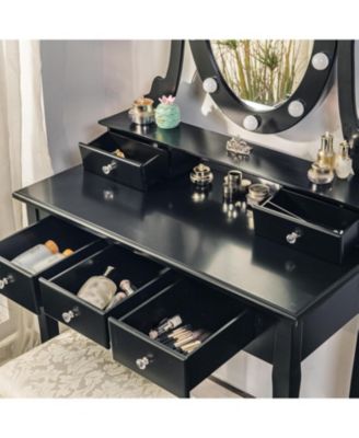 Vanity Desk With Mirror And Lights, Wood Makeup Dressing Table With Oval Mirror & Stool,3 Colors Lighting Modes