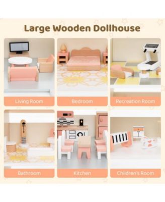 Wooden Corner Dollhouse Playset with 41 Pieces Accessories for Kids 3+ Years Old