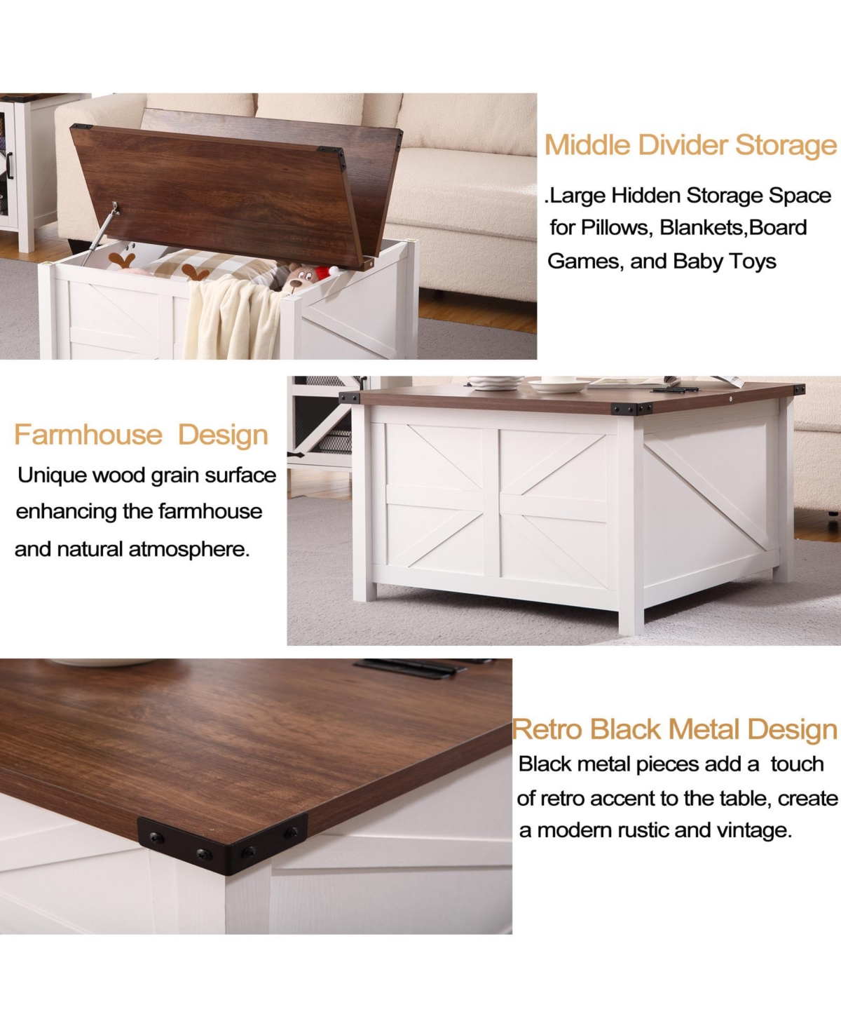 gaomon Rustic Farmhouse Coffee Table With Hidden Storage Compartment And Hinged Lift Top - Wood Center Table For Home Office And Living Room - B