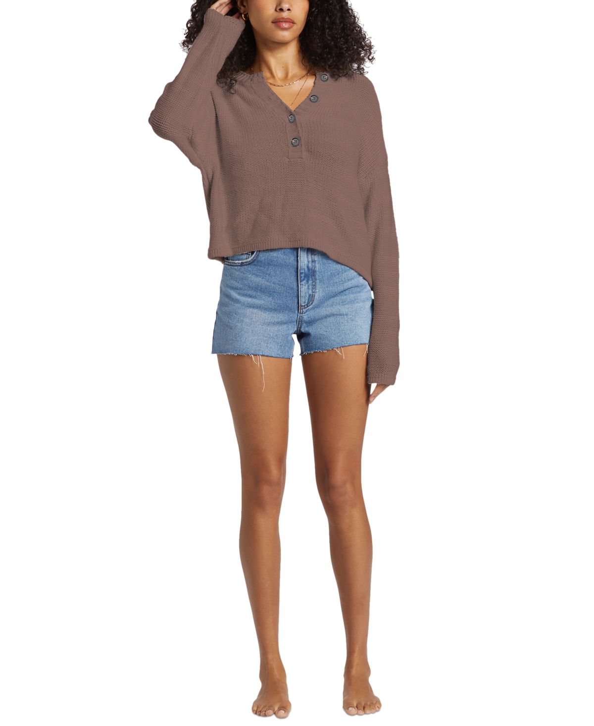 Shop Billabong Juniors' Shallow Waters Long-sleeve Henley Sweater Top In Kona