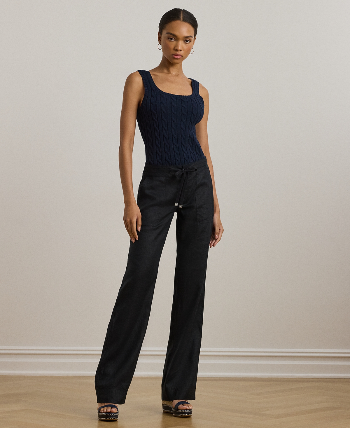 Ralph Lauren Petite 100% Linen Wide-leg Linen Pants In Black