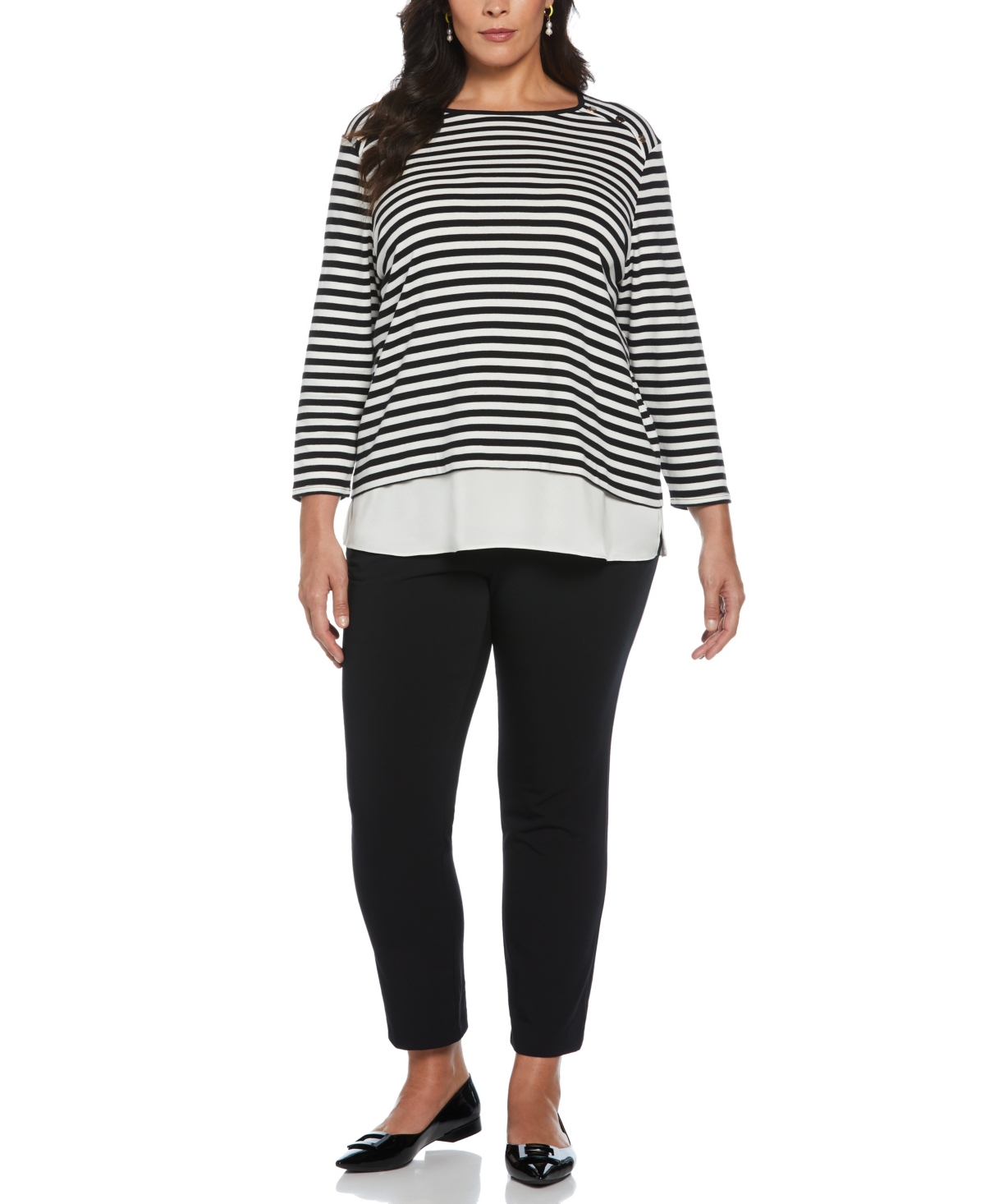 Rafaella Plus Size Stripe Rivet Detail Layered 3/4 Sleeve Top
