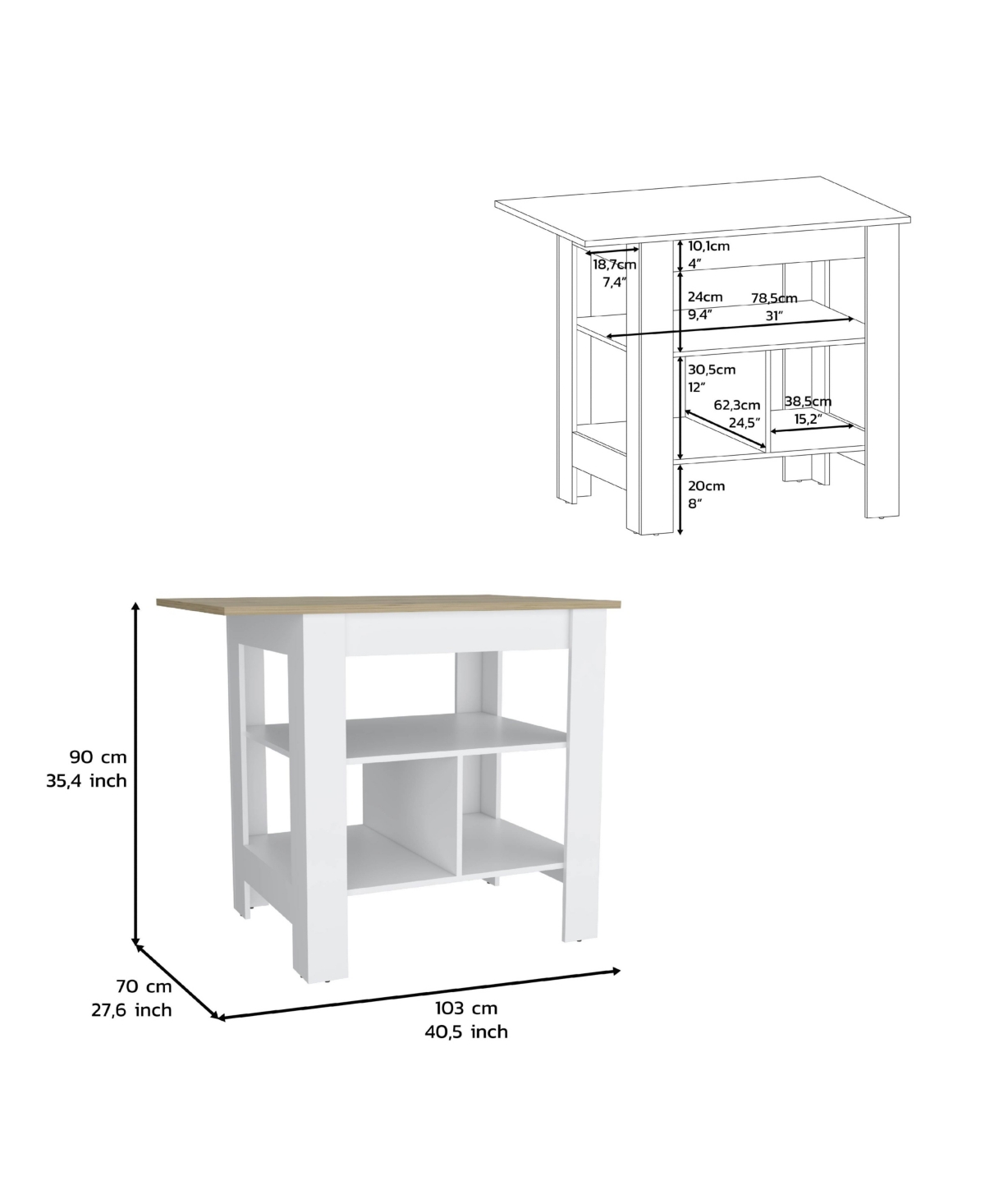 Depot E-Shop Finley Kitchen Island, kitchen table H, 3 Open Shelves -/ macadamia
