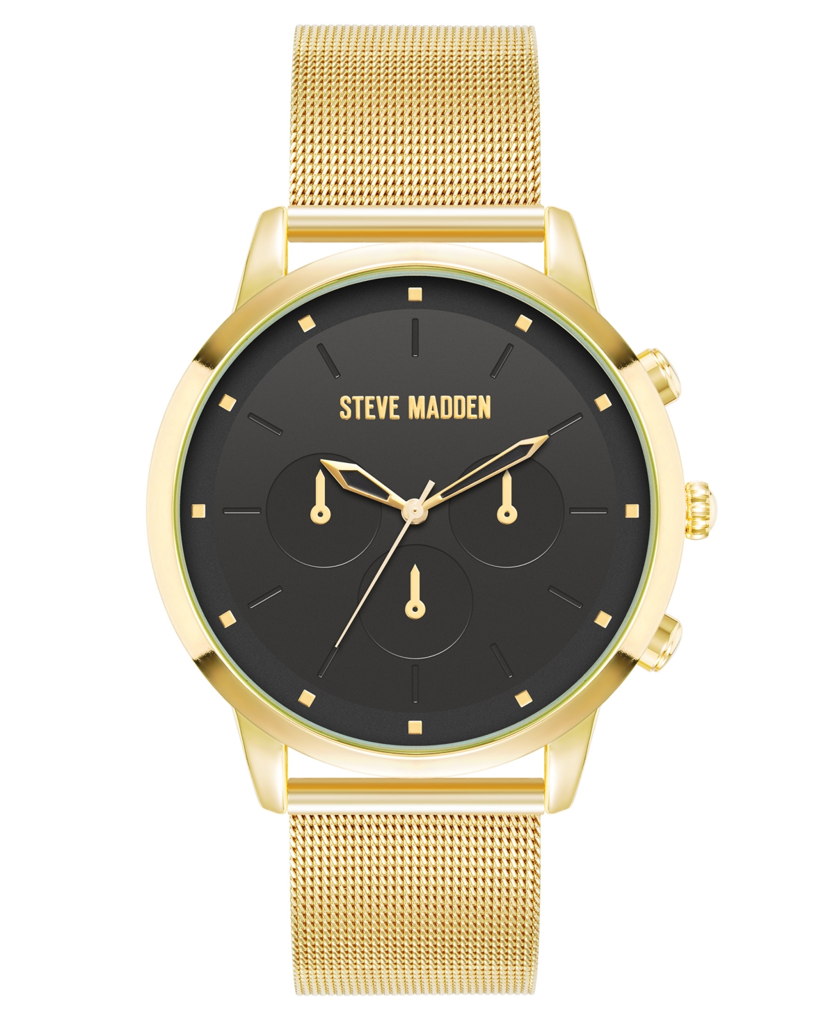 Steve Madden Men's Minimalist Black And Gold-tone Stainless Steel Mesh Watch, 45mm In Black,gold-tone