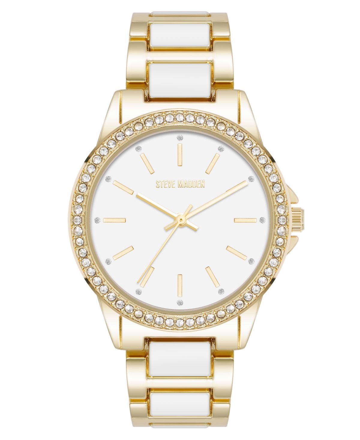 Steve Madden Women's Signature White Enamel And Gold-tone Alloy Metal Bracelet Watch, 36mm In White,gold-tone