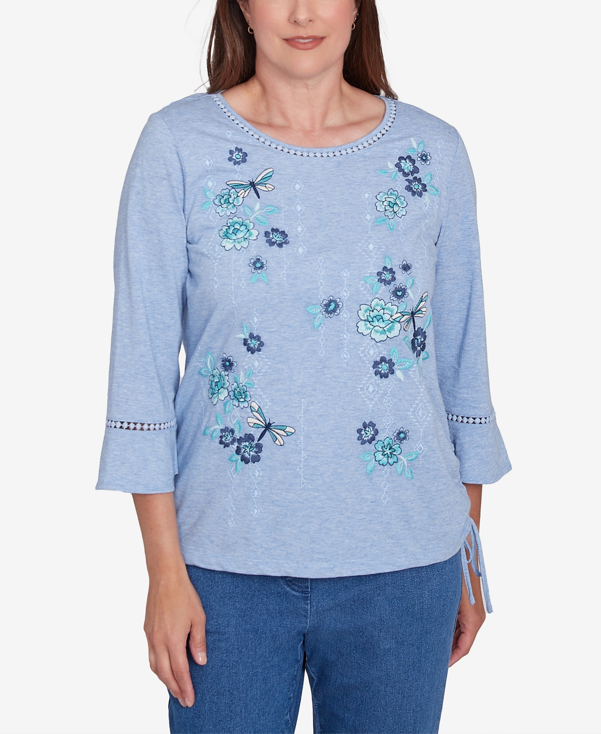Alfred Dunner Women's Lake Victoria Flower Butterfly Embroidered Top In Chambray