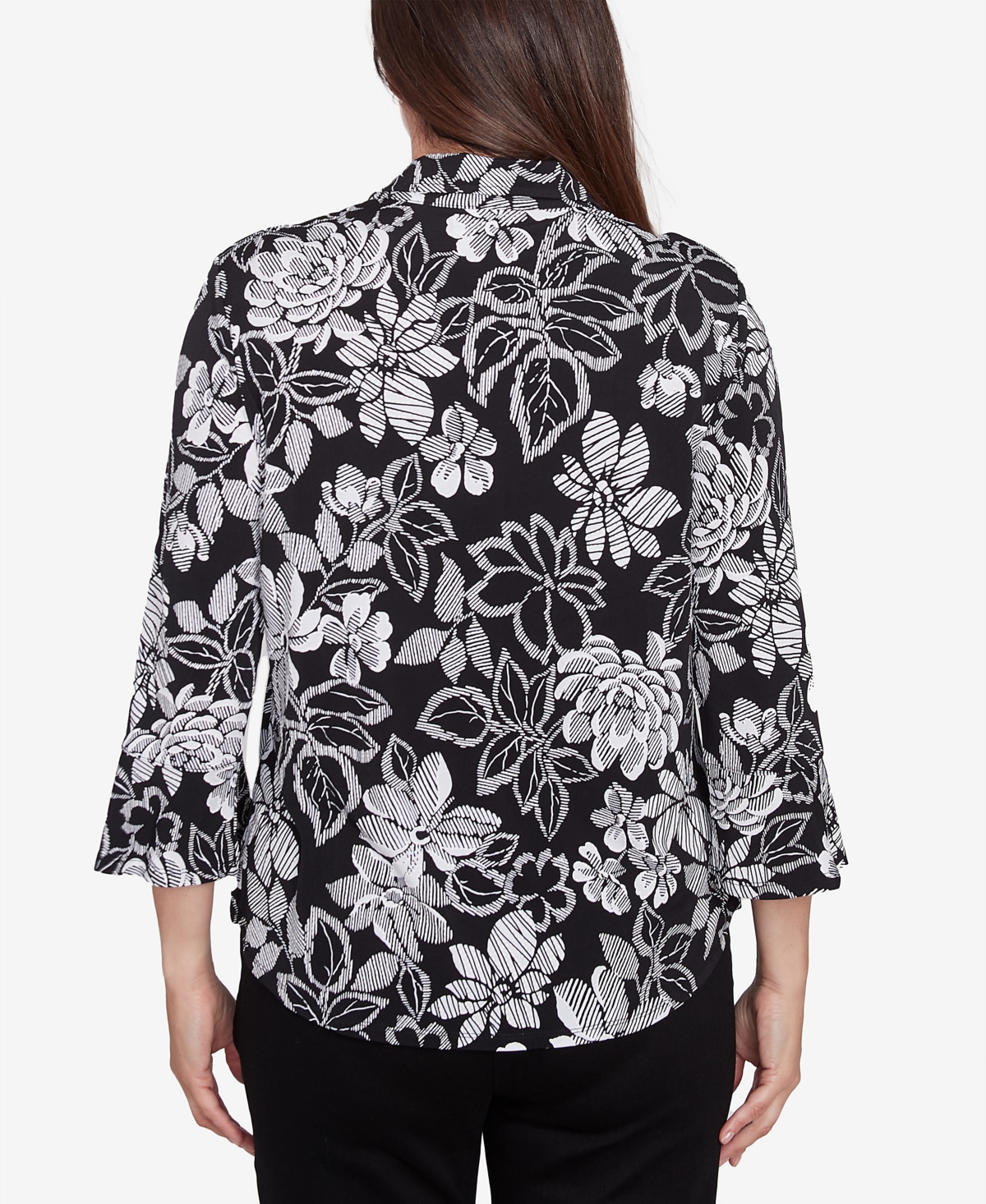 Alfred Dunner Petite Floral Puff Print Button Down Top In Black,white
