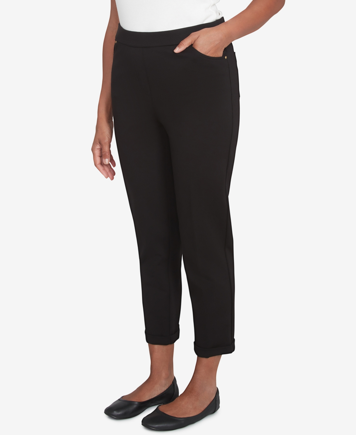 Alfred Dunner Petite Rue Rivoli Rue Flat Elastic Waist Front Pocket Short Length Ponte Pants In Black