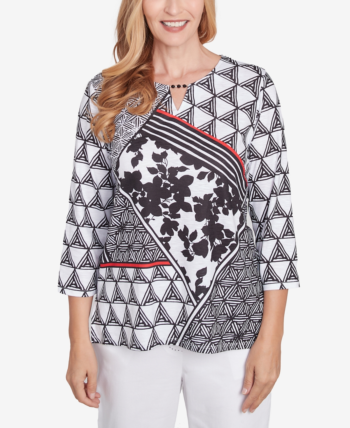 Women's Wild at Heart Geometric Multi Textured Patchwork Top - Black/White