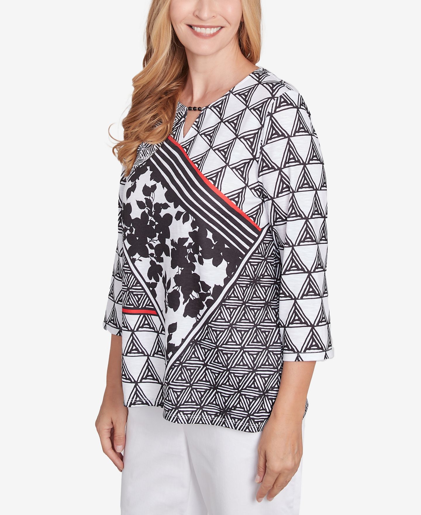 Женский топ Alfred Dunner Wild at Heart Geometric Multi Textured Patchwork, цвет: Чёрный / Белый — фото 3