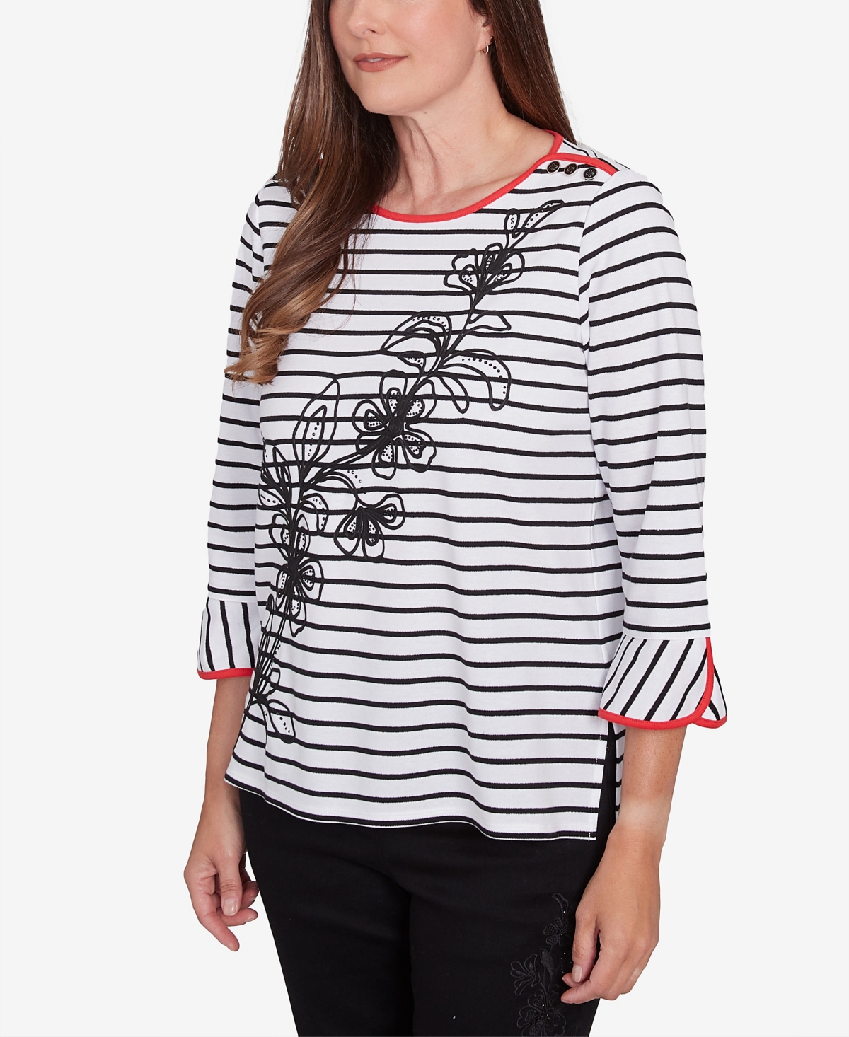 Alfred Dunner Women's Wild at Heart Striped Floral Flared Sleeve Top -White