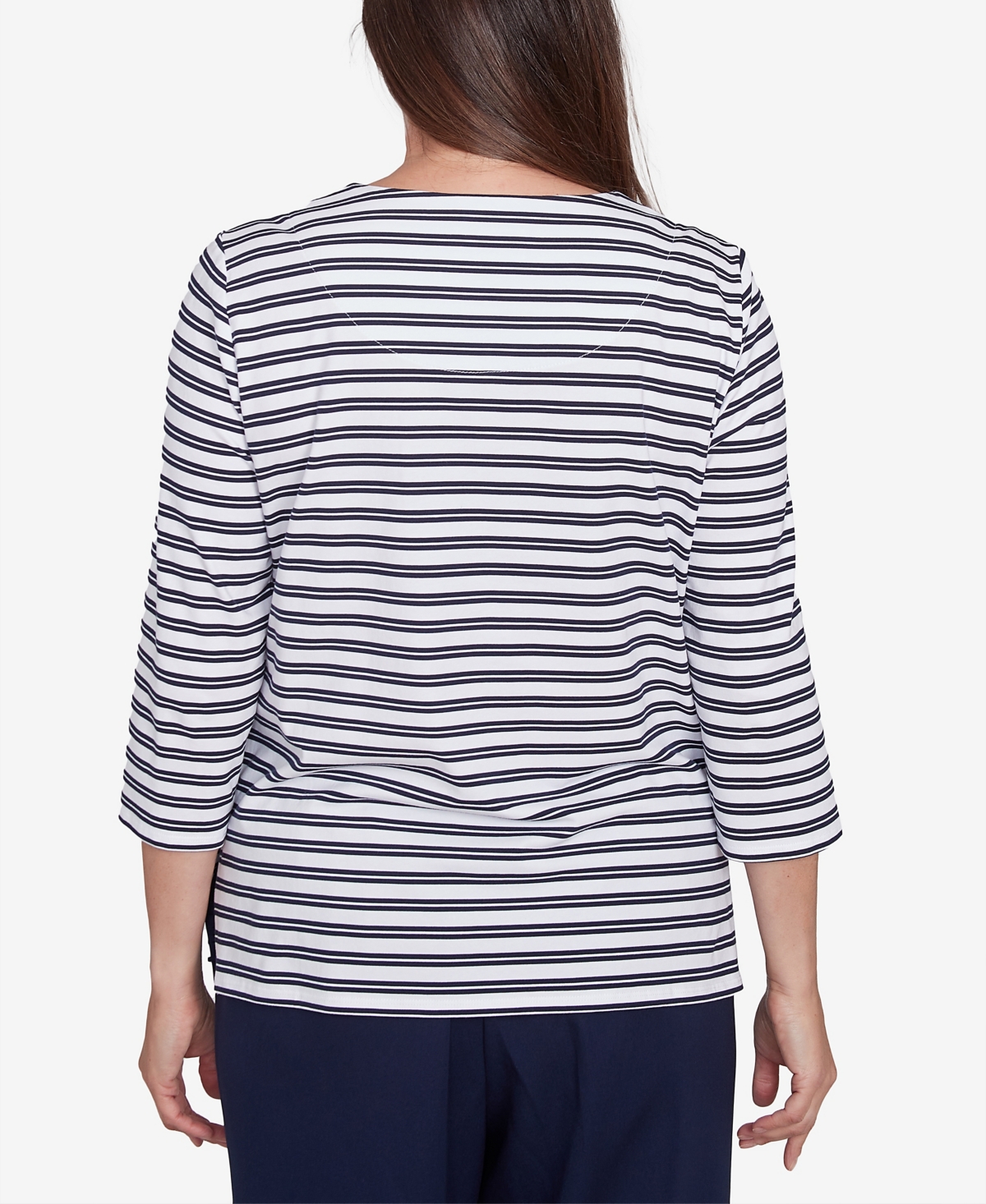 Alfred Dunner Plus Size Block Island Striped Top With Embroidered Neckline In Navy Multi
