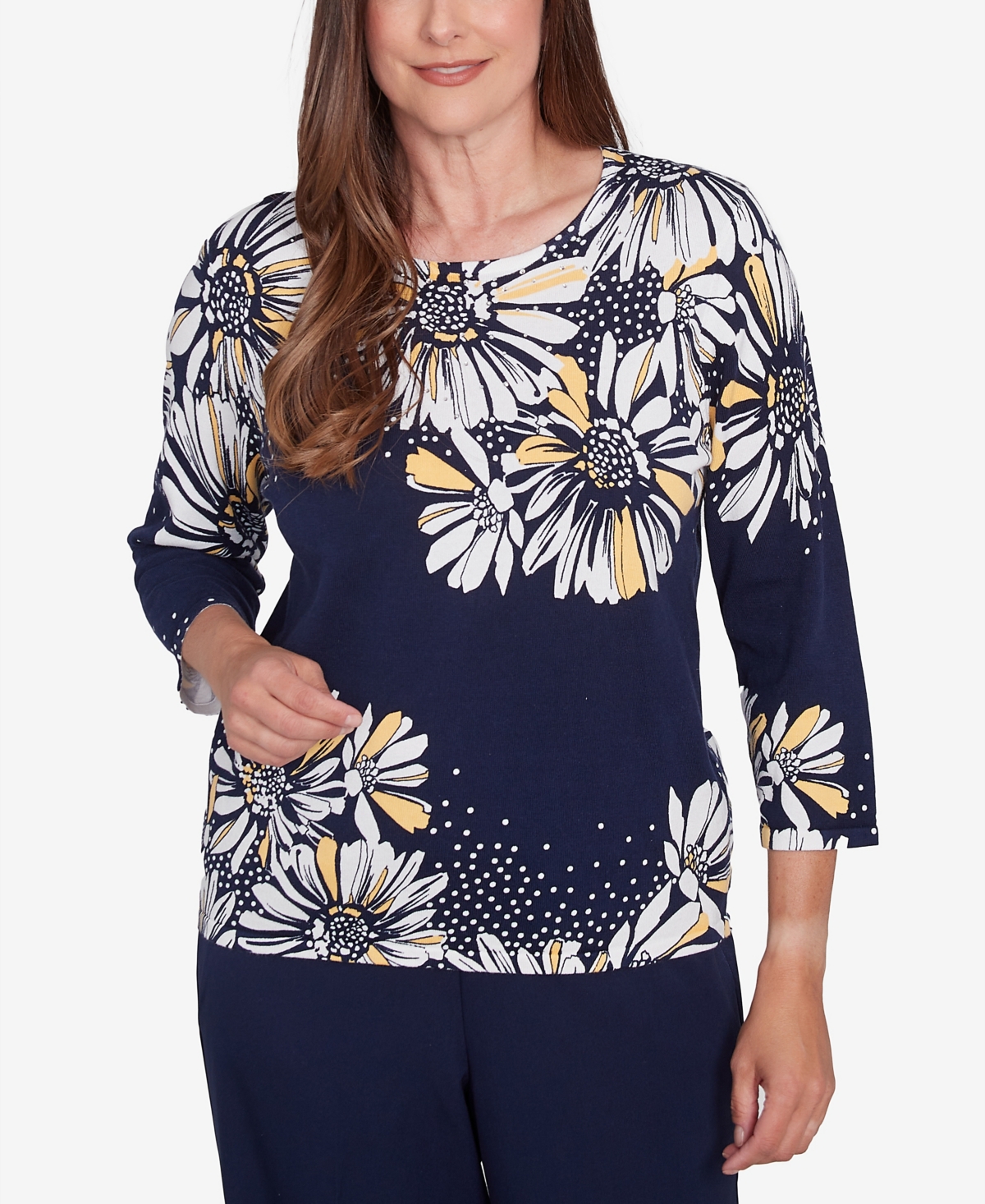 Women's Block Island Embellished Daisy Crew Neck Sweater - Navy Multi