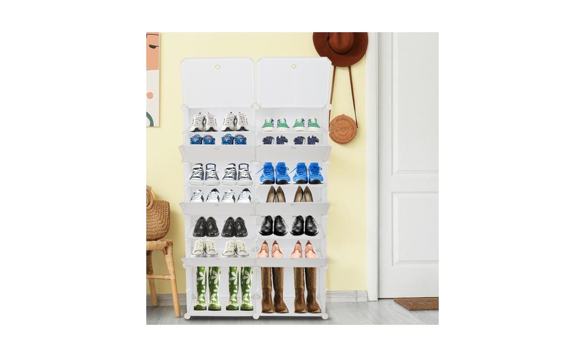Slickblue 7-Tier Portable Shoe Rack Organizer with 28 Pairs Capacity, Expandable 14-Grid Storage Tower for Heels, Boots, and Slippers
