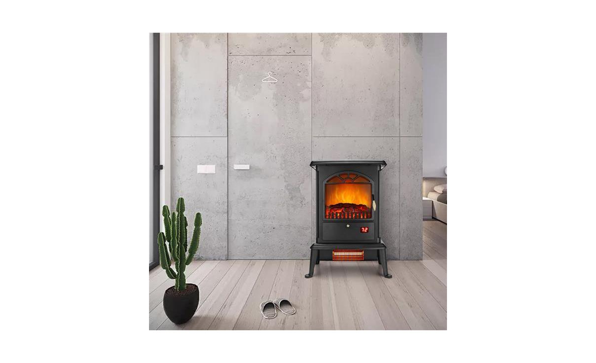 Slickblue 1500W Freestanding Electric Fireplace, 3D Flame with Remote Control, Glass Doors, 3 Quartz Tubes,- Black