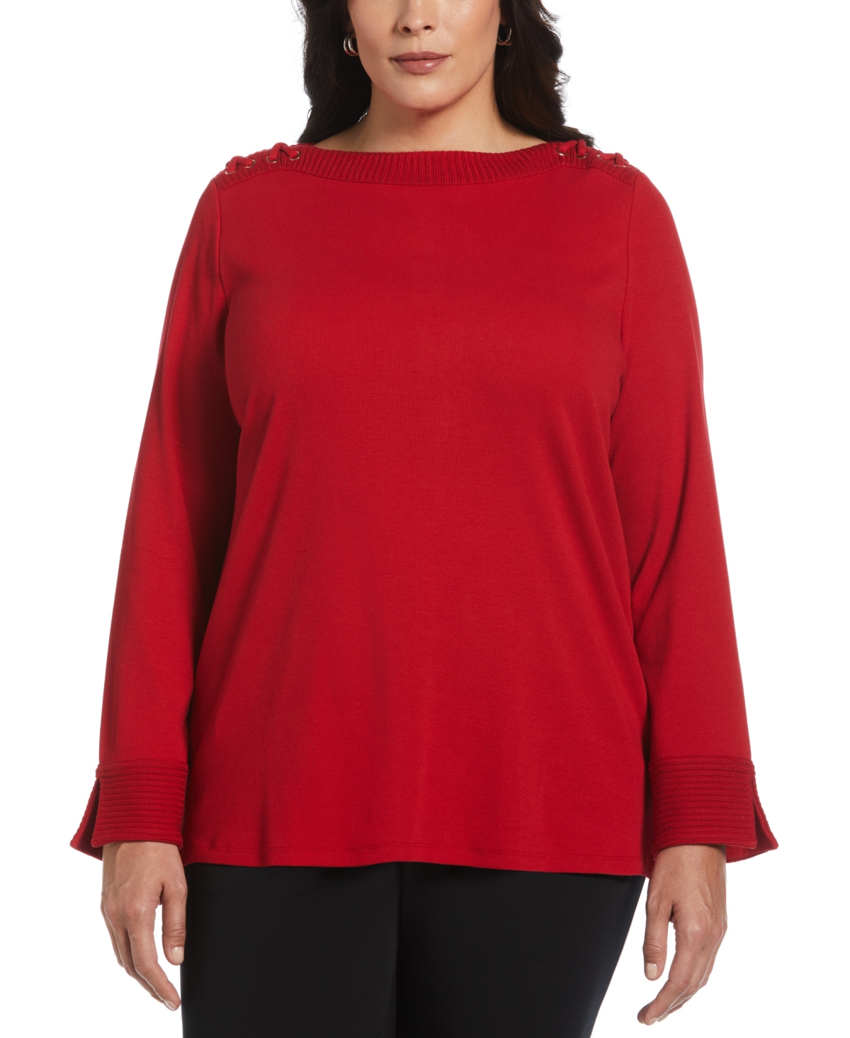 Plus Size Laced Boatneck Long Sleeve Top - Ruby