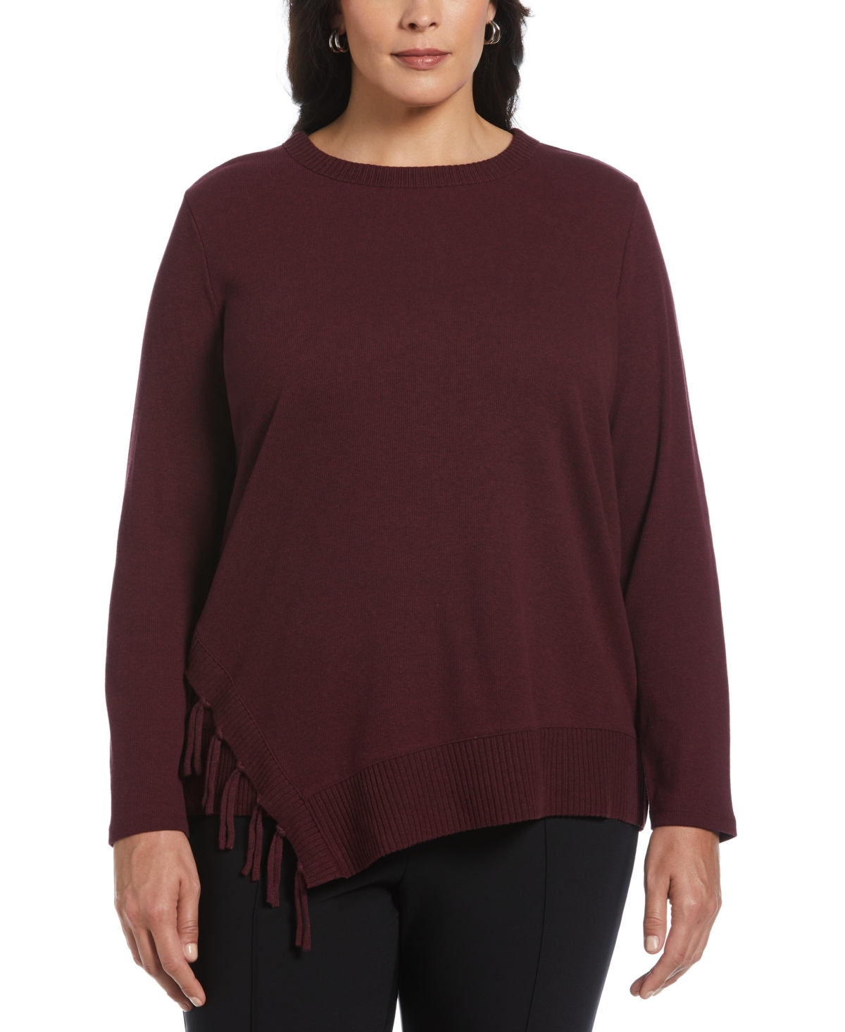 Rafaella Plus Size Ribbed Asymmetrical Fringe Hem Long Sleeve Top In Dark Cherry Heather