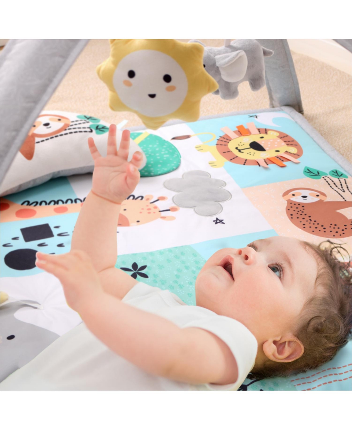 The Peanutshell 7 in 1 Baby Play Gym and Tummy Time Mat, Safari 123 -green/coral