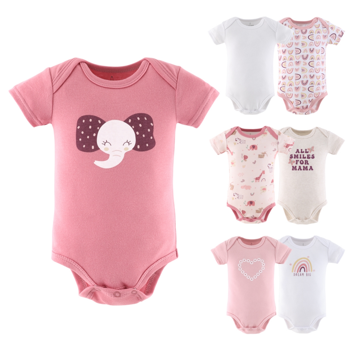The Peanutshell Baby Girls Bodysuits, 7-Pack, Rainbow Safari -coral, white