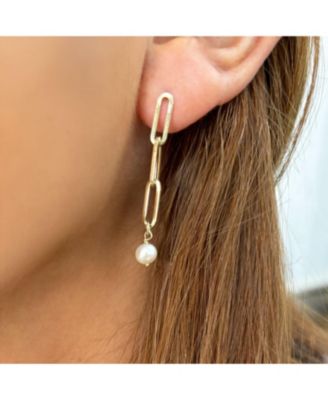 Pearl Paperclip Link Earrings 14K Gold