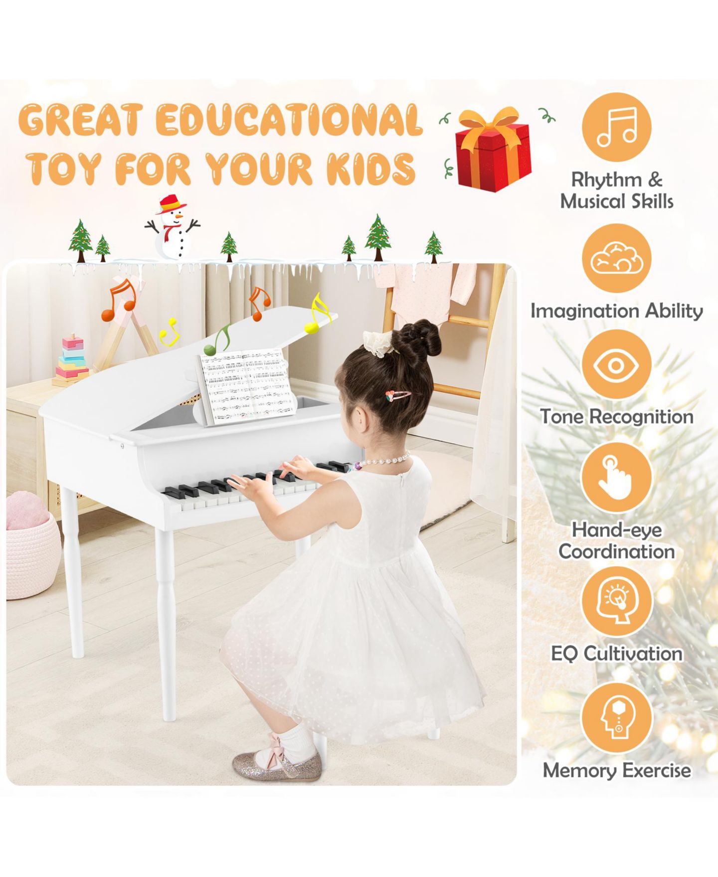 Детские игрушки HONGGE 30-Key Wood Toy Grand Piano Music Learning, 3-Piece Set, Ages 3-9 — фото 6