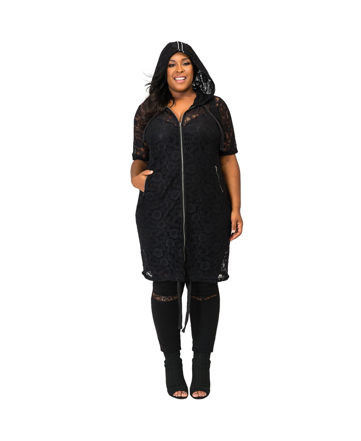 Plus Size Curvy-Fit Sheer Lace Zip Up Short Sleeve Hoodie Jacket - Black