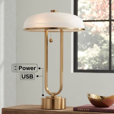 Ramses 25 1/2" High Modern Table Lamp USB Port AC Power Outlet Pull Chain Gold Metal White Alabaster Dome Shade Charging