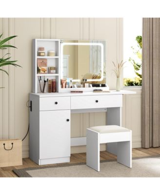 White Vanity Desk with LED Lighted Mirror & Power Outlet, Makeup Vanity with Drawers & Cabinet & Chair