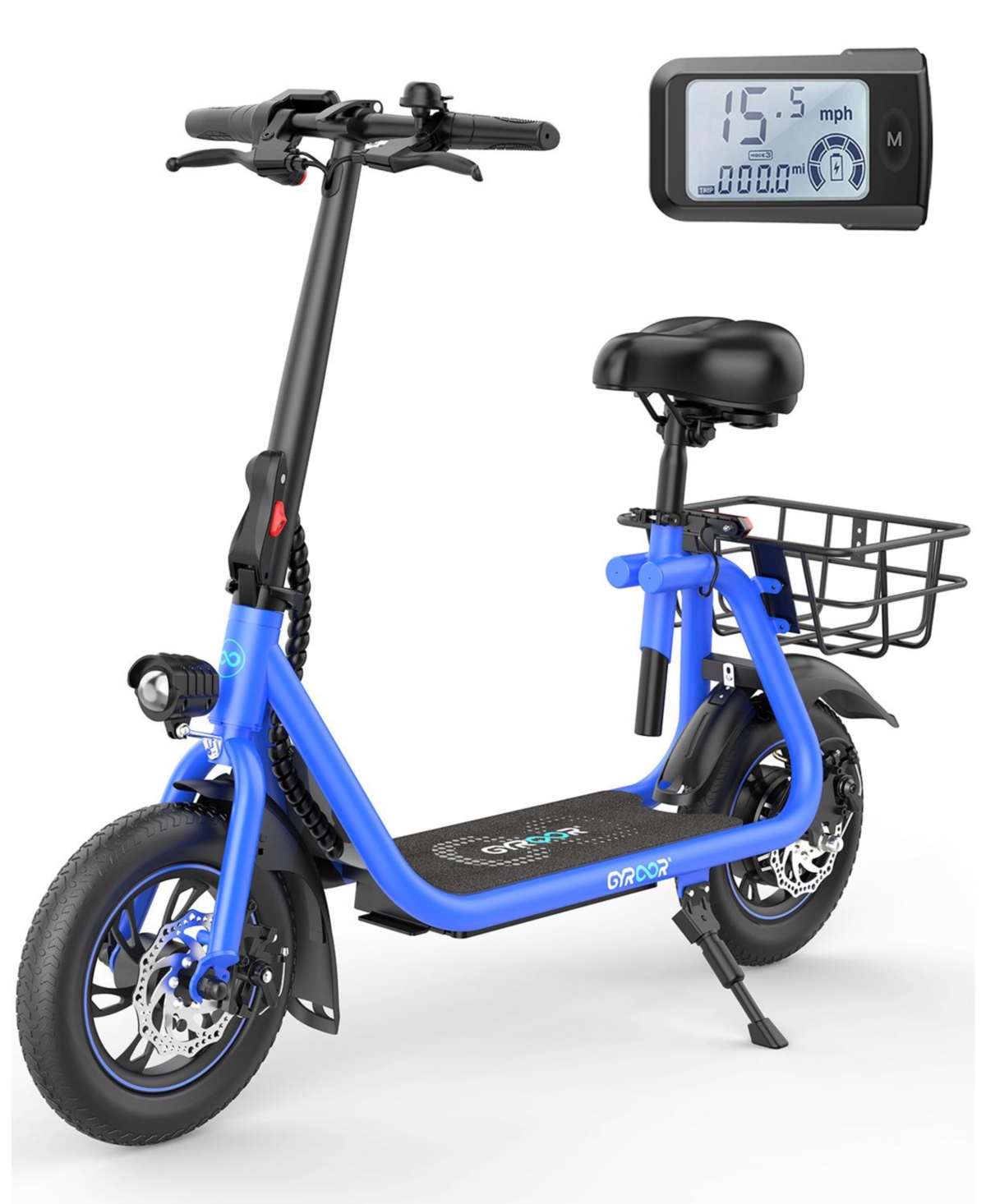Gyroor 450W Electric Scooter with Seat for Adult, 12 inch Commuter Electric Scooter with Basket - up to 21 Miles 15.5MPH