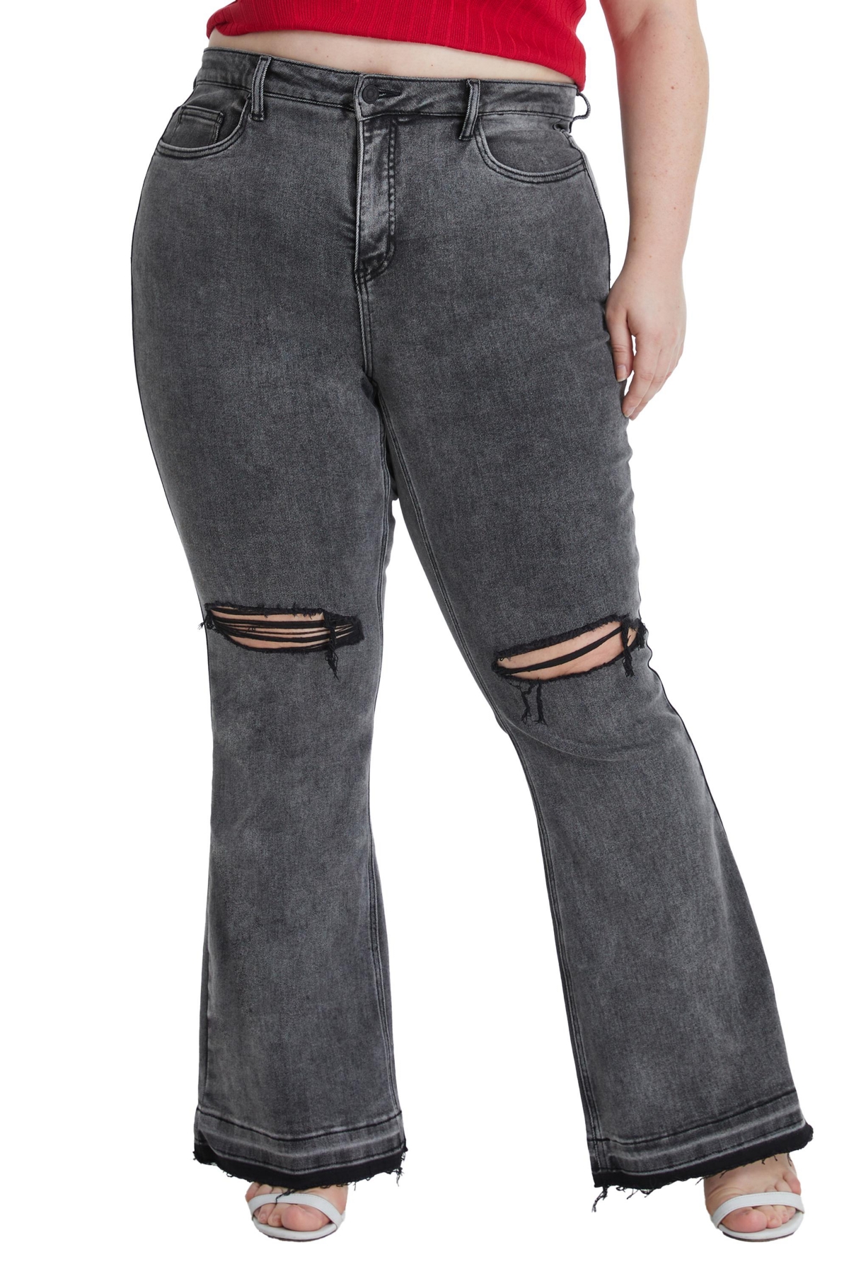 Bayeas Plus Size Lauren High Rise Flare Jeans With Raw Hem In Heather Gray