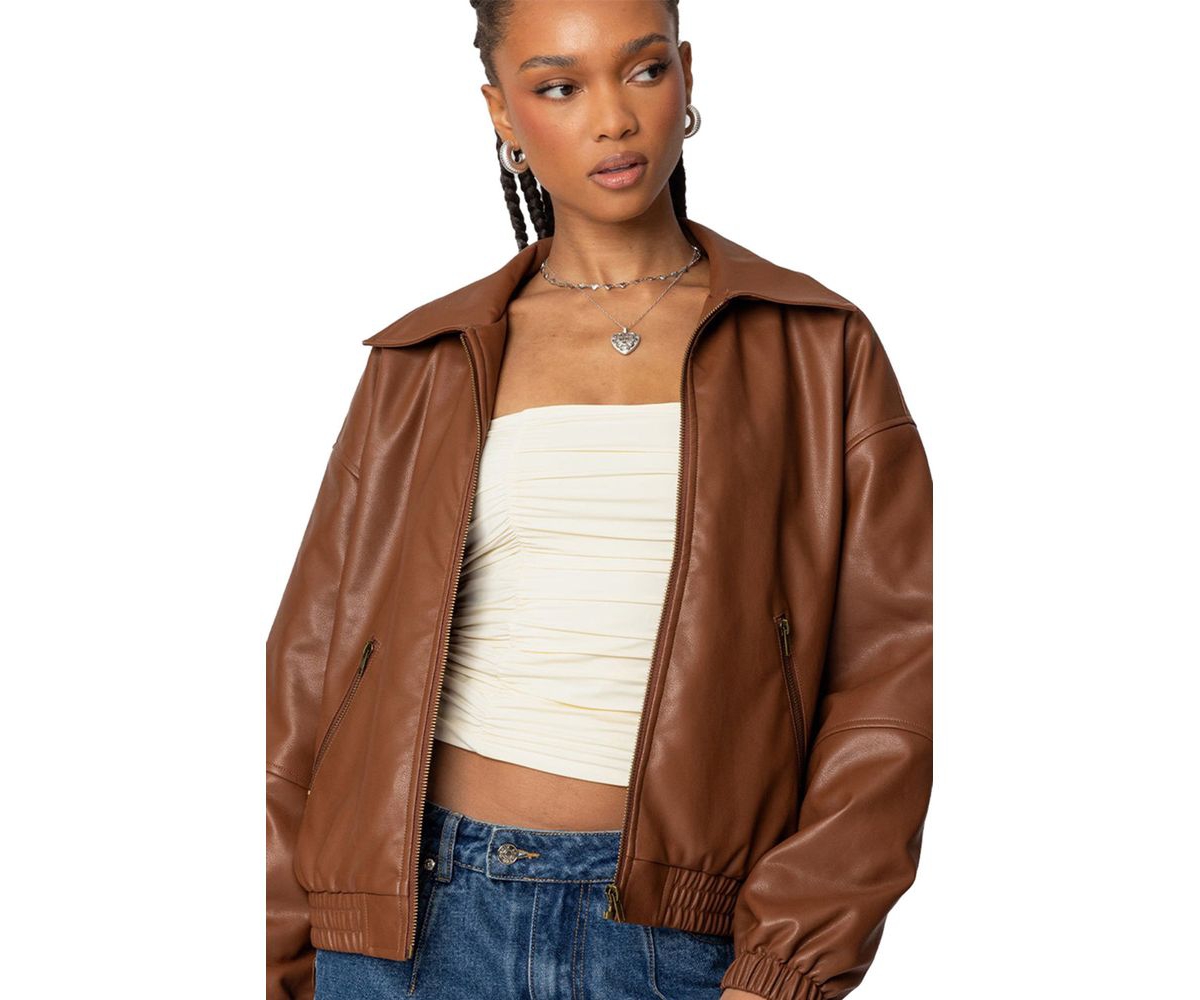 Womens Halley Faux Leather Bomber Jacket - Brown