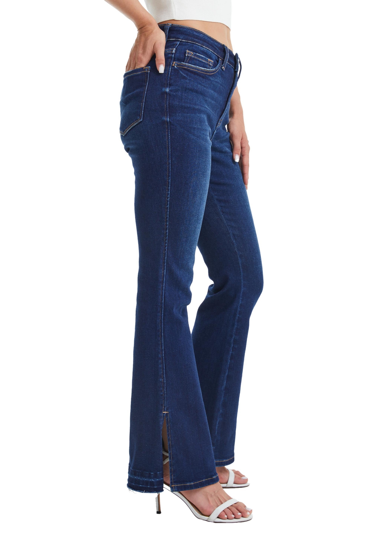 Bayeas Women's High Rise Flare Leg Jeans With Slit Hem In Sapphire