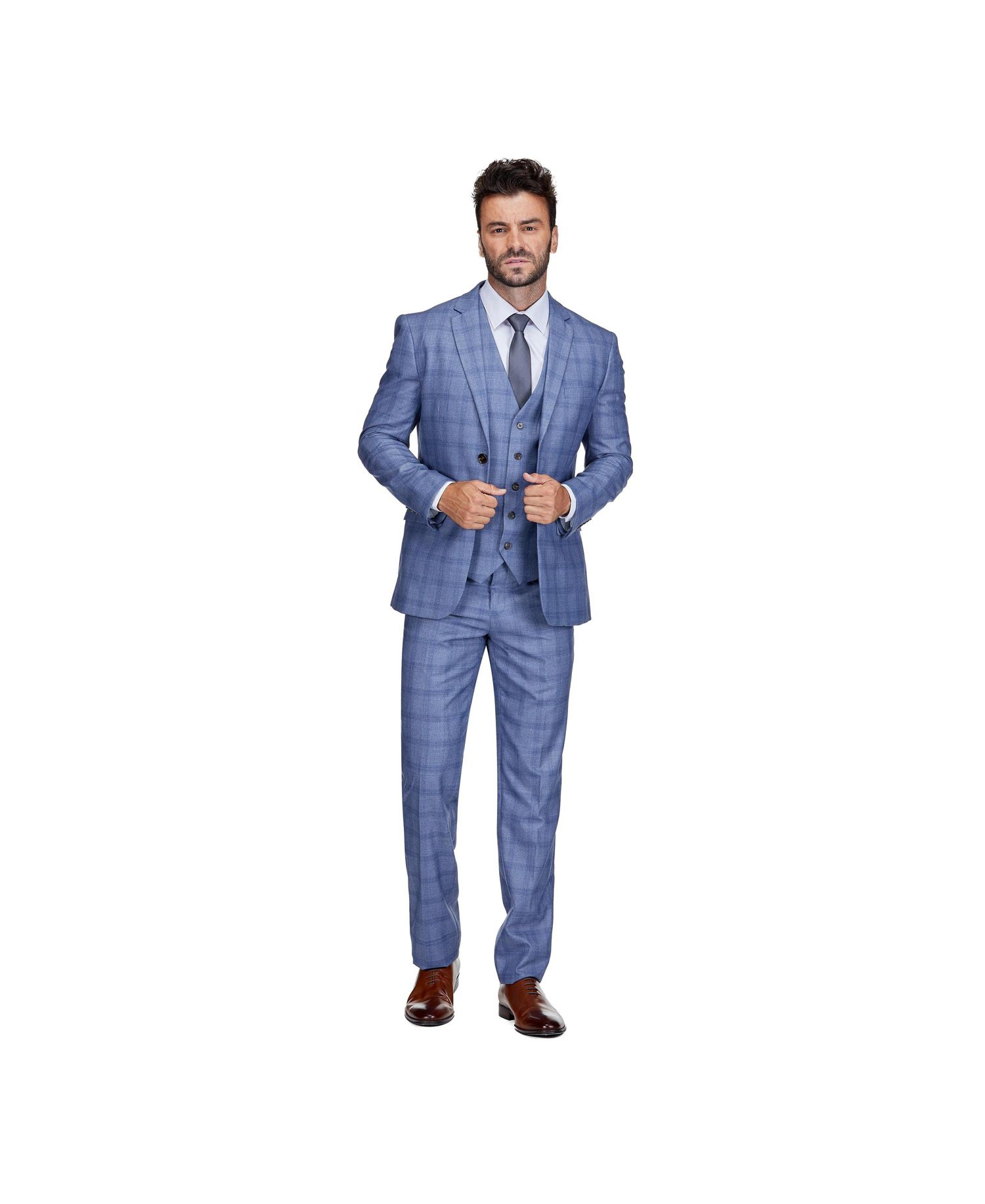 Men's Slim Fit 3-Piece Light Blue Checked Plaid Suit