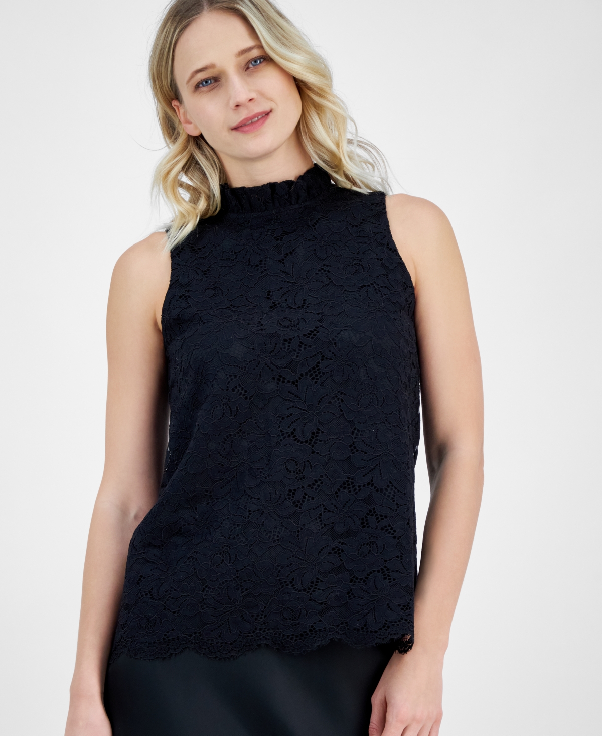 Anne Klein Women's Bow-back Ruffled-neck Sleeveless Lace Blouse In Anne Black