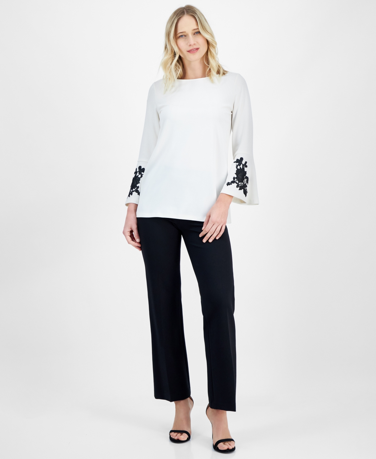 Anne Klein Petite Floral Bell-sleeve Boat-neck Tunic In White Dove