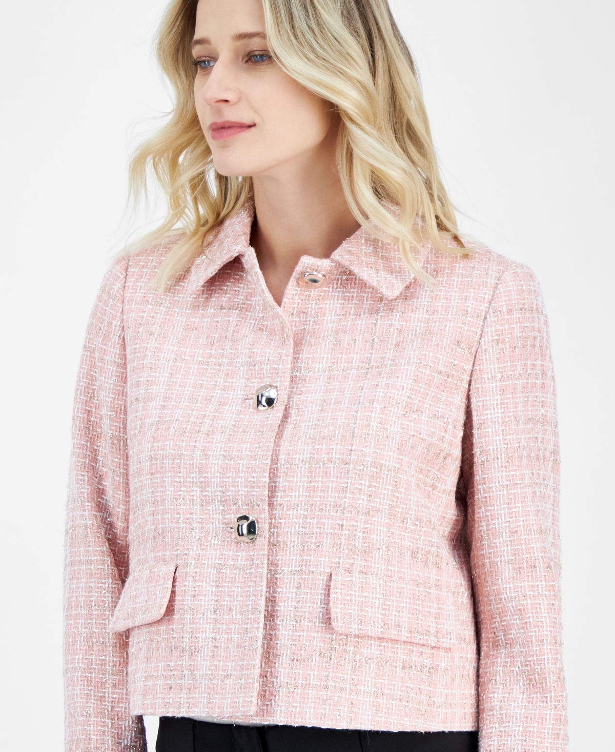 Anne Klein Women's Cropped Button-front Collared Jacket In Peony Pink Multi