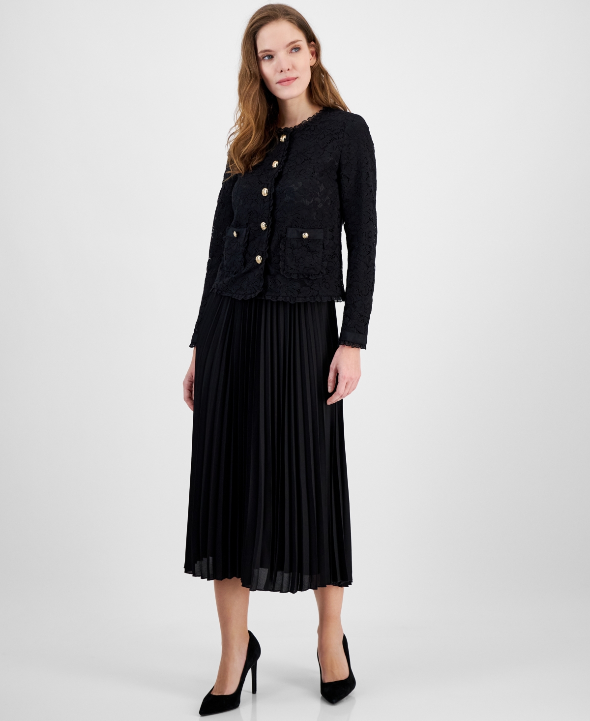 Shop Anne Klein Women's Lace Button-front Patch-pocket Jacket In Anne Black