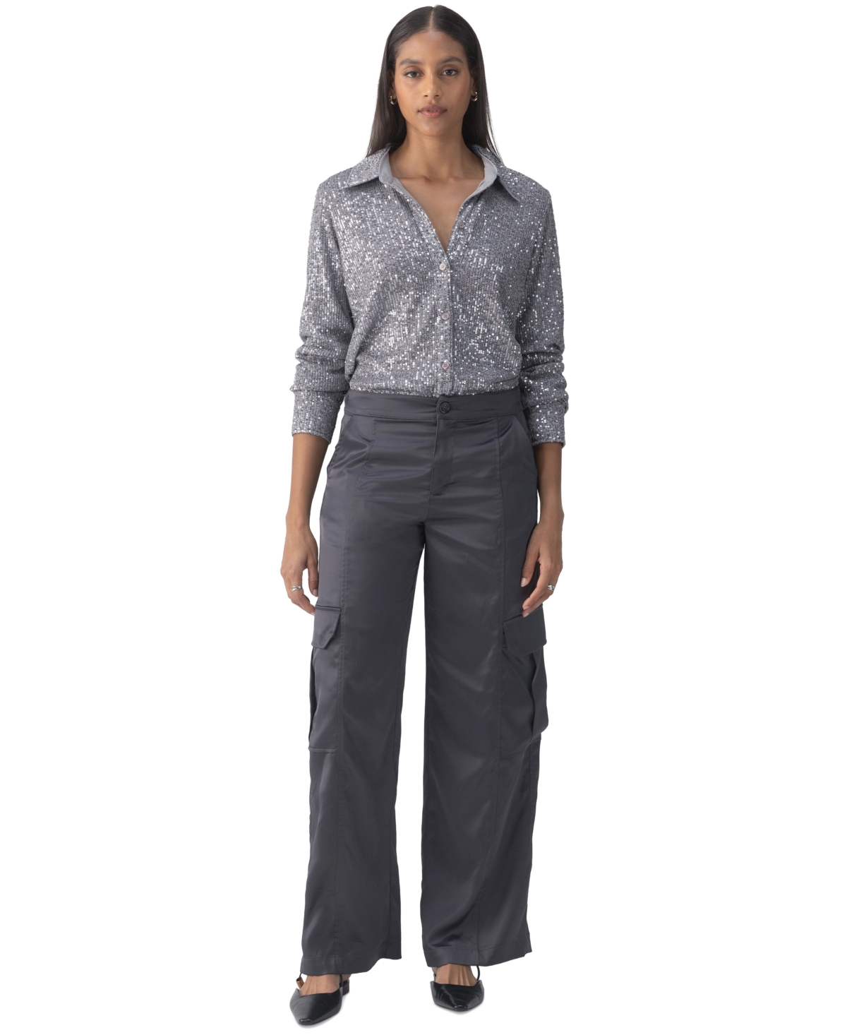 Women's Radiant Long-Sleeve Sequin Shirt - Gunmetal